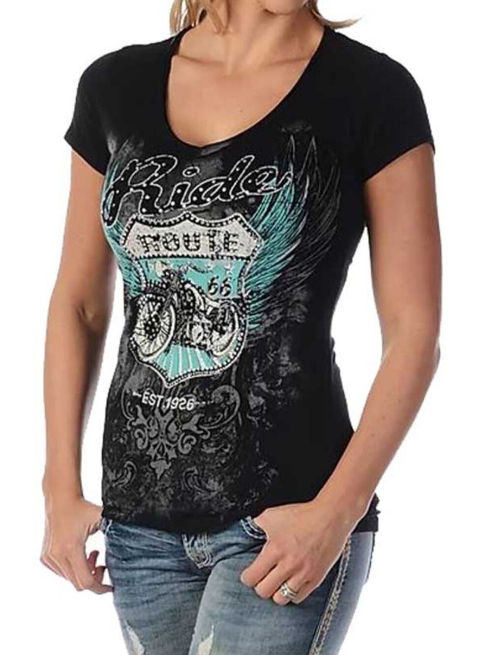 NWT. Liberty Wear Women's Ride Route 66 Embellished Biker Graphic Tee Black
